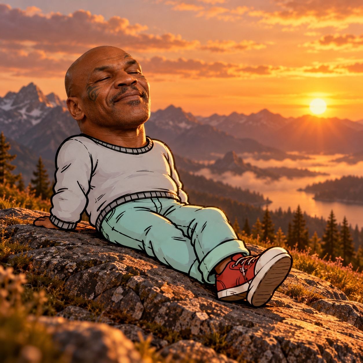Chillson napping on a rock at mountain sunset